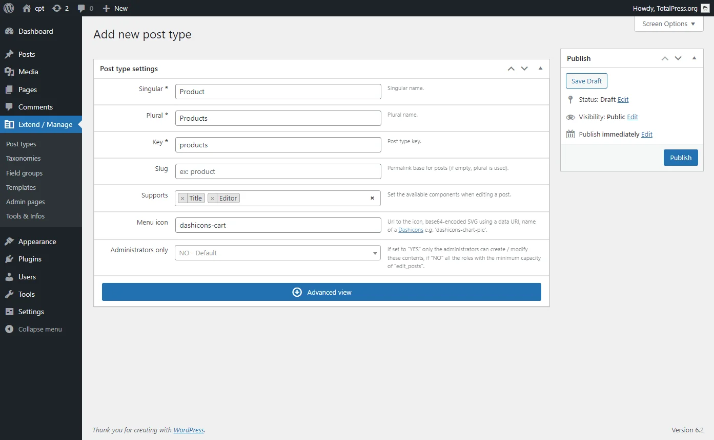 Custom post types - post types